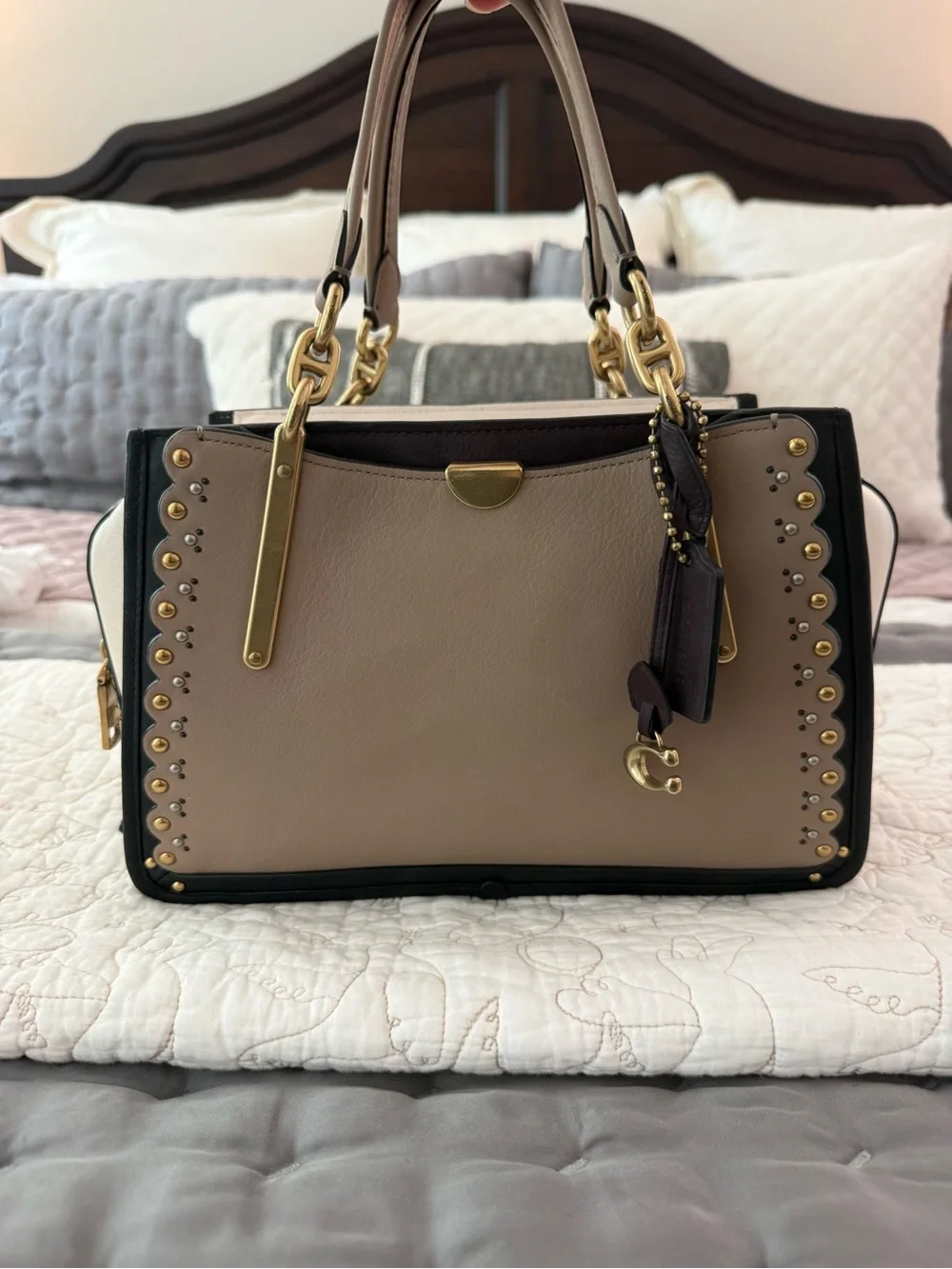 Coach Taupe and Black Leather Satchel with Gold Hardware